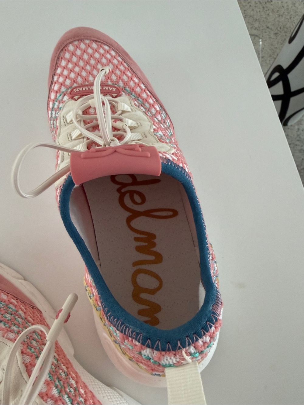 Sam Edelman Coral and Navy Knit Mesh Sneakers - Picture 2 of 6